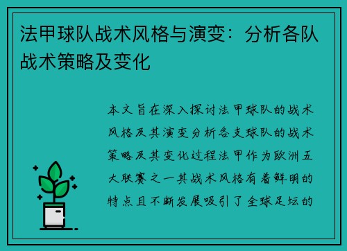 法甲球队战术风格与演变：分析各队战术策略及变化