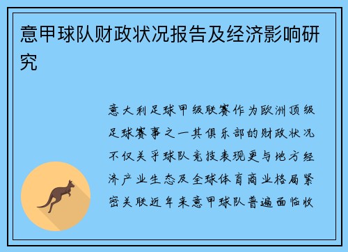 意甲球队财政状况报告及经济影响研究
